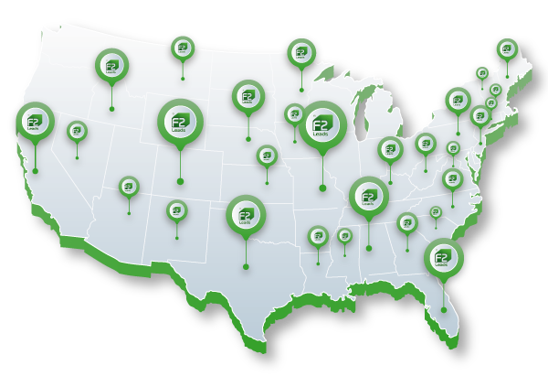 Mapa do Brasil com pontos de atuação da F2 Leads